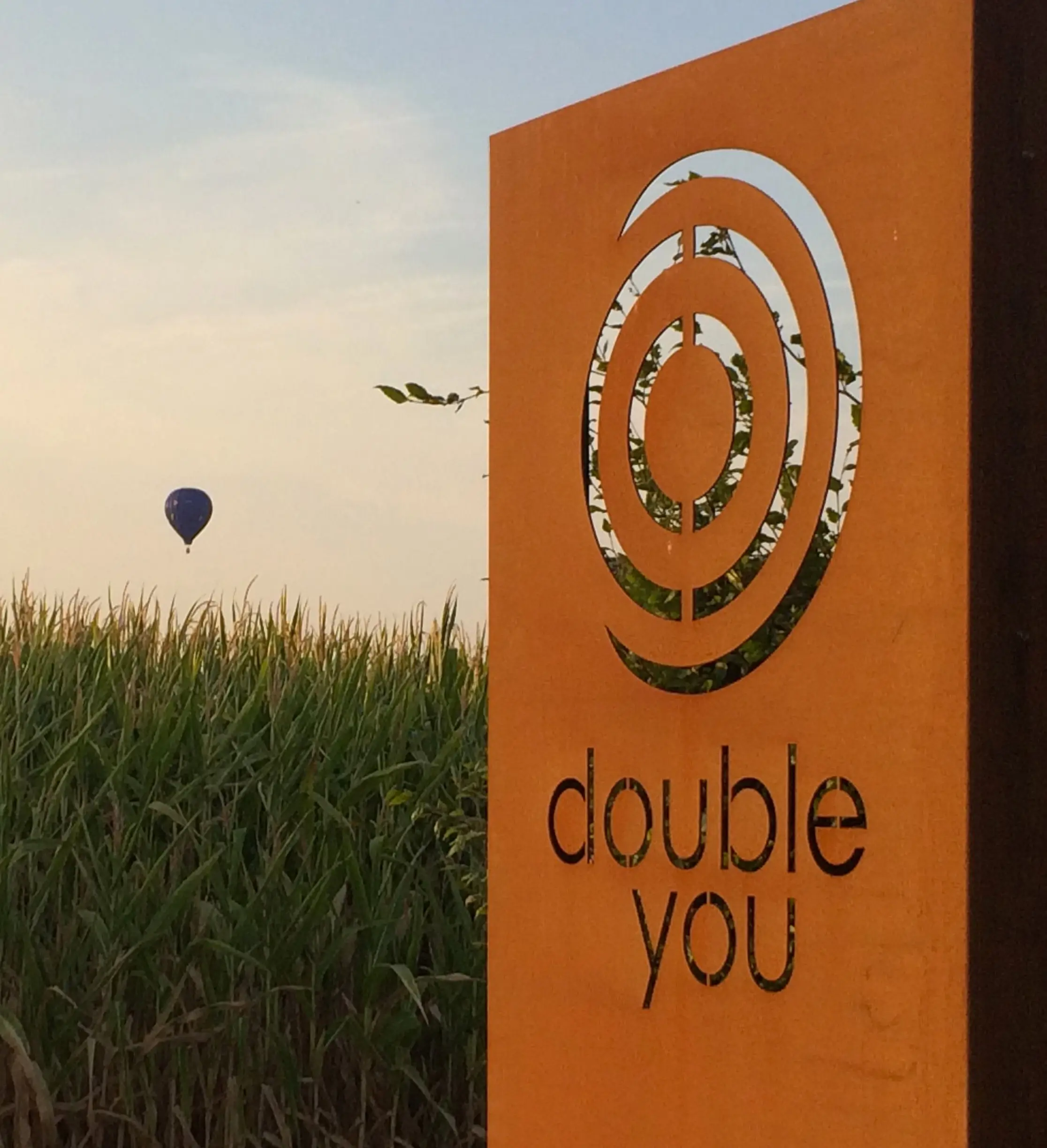 Totem Double You dans un champ, une montgolfière en arrière-plan